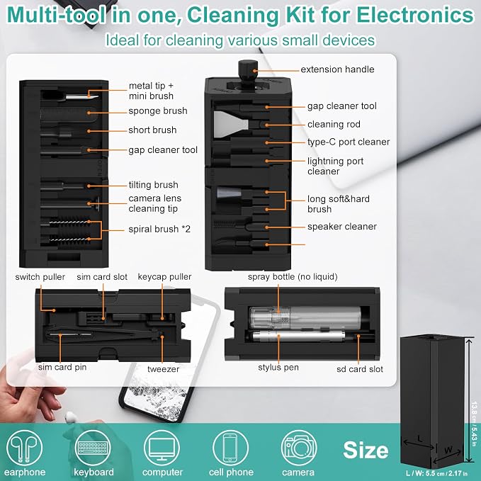 VICHYIE 32 in 1 Multi-Function Cleaning Kit for Electronic Devices (Black) | Phone Cleaning Tool, PC Keyboard Cleaner Kit with Brush, Multipurpose Cleaning Set for Earbuds, Cellphone, Computer, Cameras