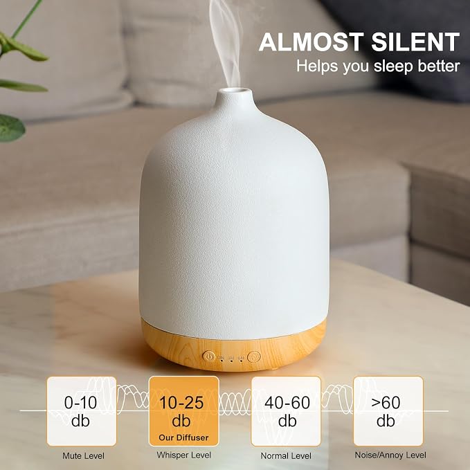 250ml Ceramic Essential Oil Diffusers for Home, Aroma Defusers | Decorative Bedroom Aromatherapy Scent Air Diffuser Ultrasonic 250ml with Timed-White