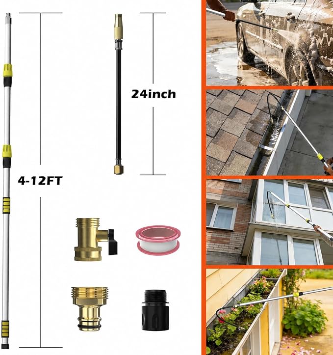 18FT Reach Gutter Cleaning Tool, Gutter Wand with Hose Attachment | Lightweight Rain Gutter Cleaner from the Ground with 4-12FT Aluminum Telescoping Pole, Adjustable Water Flow for Garden Hose