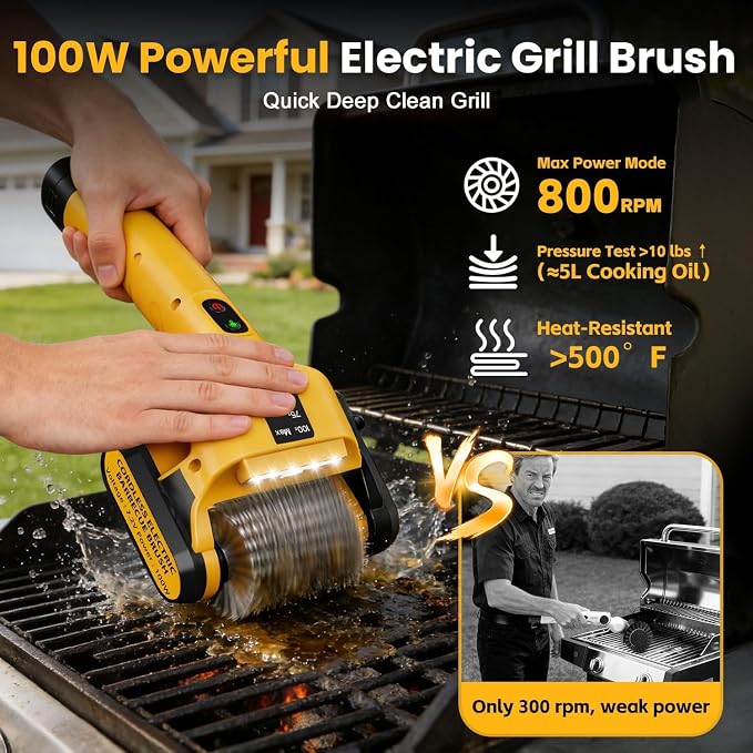 5000mAh 350 Mins Runtime Electric Rotary Grill Brush G2, 800RPM Powerful Outdoor Automatic Grill Cleaning Brush, 304 Stainless Steel No Bristle Shedding Cordless BBQ Cleaner