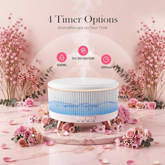 500ml Essential Oil Diffuser, Ultrasonic Aromatherapy Diffuser | Cool Mist Humidifier with Remote Control, 7-Color Lighting, Timer & Auto-off for Home/Bedroom/Yoga/Office/Living Room (White)