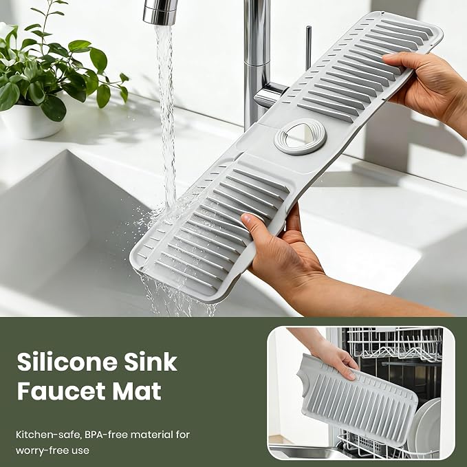 2PCS 24 Inch Faucet Mat for Kitchen Sink, Silicone Splash Guard for Kitchen Sink Area, 7° Slope Fast Self-Draining Sink Mat, Cuttable Hole Design, Sink Backsplash Guard Draining Mat, Light Grey