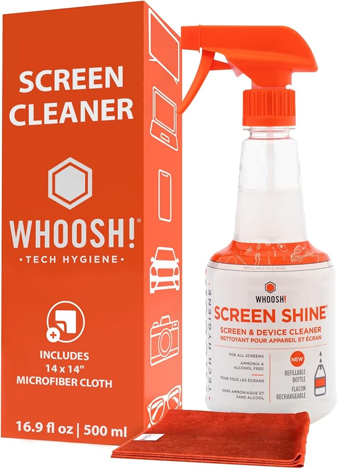 WHOOSH Screen Shine Pro Refillable Screen Cleaner, 16.9 fl oz | Streak Free Finish, Non Toxic and Odorless, For Flat Screens, OLED, LCD and Monitors, Microfiber Cloth Included