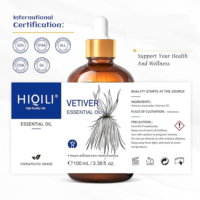 HIQILI Vetiver Essential Oil for Skin, Perfume, Aromatherapy | for Candle & Soap Making Scent, Add to Shampoo, Lip Balm, Unscented Lotion - 100 mL / 3.38 fl oz