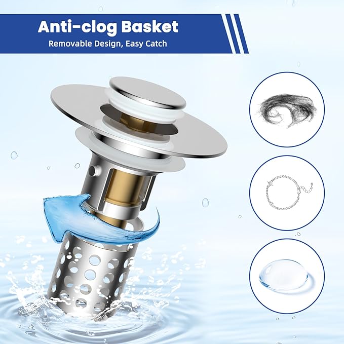 Universal Bathroom Sink Drain Strainer Hair Catcher, Chrome | Upgraded with Removable Stainless Steel Filter Basket, 3 in 1 Pop Up Sink Stopper for 1.1''~2.36'' Sink Basin Hole