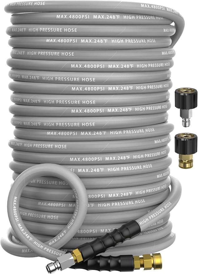 3/8" Pressure Washer Hose 200FT 4800 PSI, Kink Resistant Steel Braided Layer & NonMarking Rubber for Hot/Cold Water, High Power Washer Hose With 3/8 Inch Quick Connect & M22 Fitting, Gray
