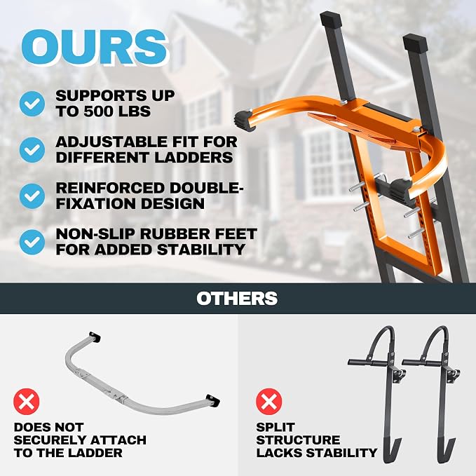 Heavy Duty Ladder Stabilizer with Tool Tray | 500 LBS Capacity, 34" Wide Steel Standoff Arms for Gutter Cleaning, Roofing & Wall Work, Fits Extension, Straight & Telescoping Ladders - Anti-Slip