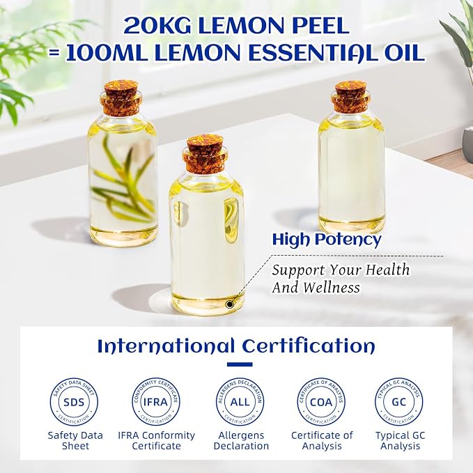 HIQILI Lemon Essential Oil, Household Cleaning, Air Purification, Skin Care, Can be Added to Cleansers, Sprays, Body Lotions Use - 3.38 Fl Oz/100ML | Creates Long-Lasting Fresh Atmosphere for Work, Study and More, Eliminates Odors -100ml / 3.38 fl oz