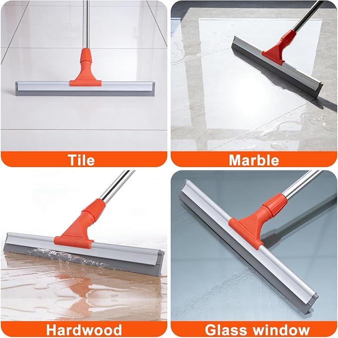 Floor Squeegee with 60" Stainless Steel Handle, 17.2" Silicone Blade Floor Scrubber for Bathroom, Shower, Garage, Tile, Window and Water Removal