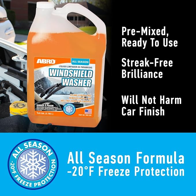 ABRO Car Windshield Washer Fluid: 1 Gallon, All Season/Weather Vehicle Window Cleaner | Streak-Free Clean | Bug and Tar Remover for Cars - 2 Pack