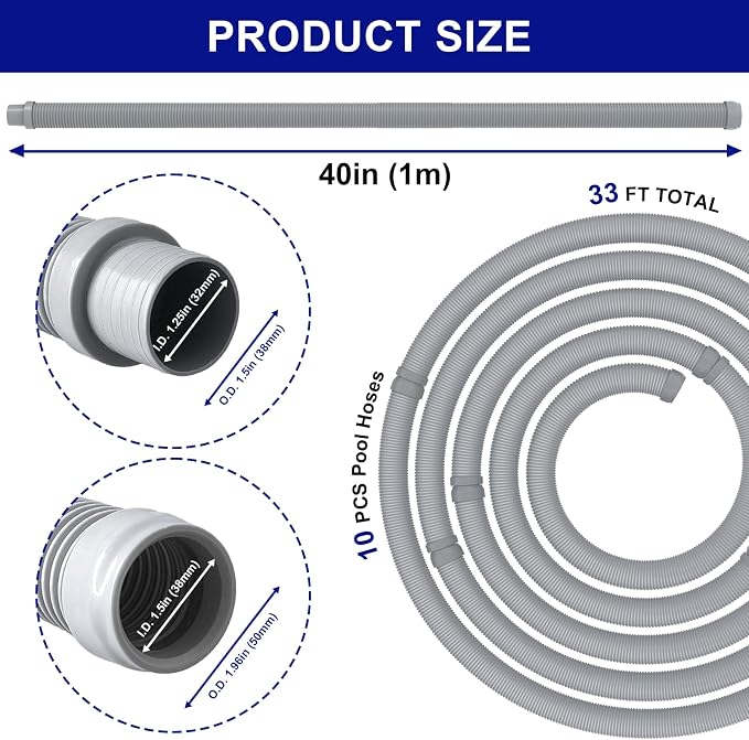 Poolvio Pool Vacuum Hose 33 Feet (10 x 40 Inch), 1.5 Inch Cuffs, Compatible with Most Inground Pool Automatic Cleaners, Gray