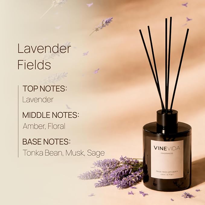 VINEVIDA | Lavender Fields | Reed Diffuser for Home & Bathroom | Long-Lasting Scent Sticks Set | Oil Stick Diffuser | Bathroom Scent