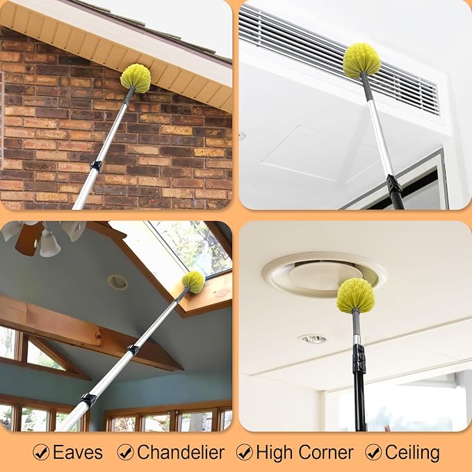 4-12Ft Cobweb Duster with 4-Stage Extension Pole for Ceiling Wall | Feather Dusters with Bristles for Outdoor Indoor, 4-Stage Spider Web Remover with Telescopic Pole for Ceiling Wall Yellow