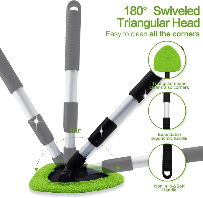 Windshield Cleaner Tool 22.5" L - Car Interior&Exterior Window Cleaning Kit with Extendable Handle&4 Microfiber Pads and Thick Large Wash Sponge, Auto Glass Wiper Brush Kit for Cars Home (7pcs Green)