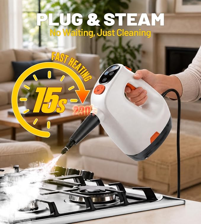 POPCHOSE Handheld Steam Cleaner with Detergent Dispenser | 15s Heat-Up, 500ml Removable Water Tank, Lightweight Portable Steamer for Cleaning Grout, Windows, Kitchen & Bathroom