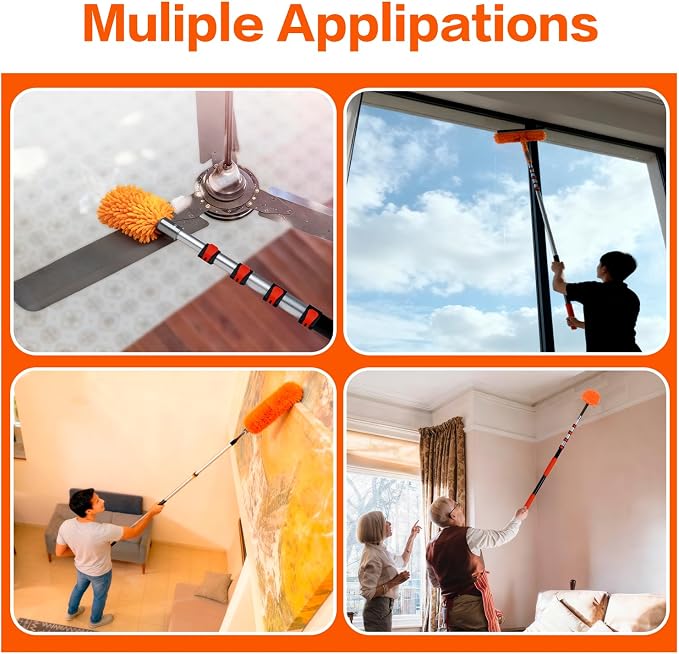26FT High Reach Duster Cleaning Kit with 5-20 FTExtension Pole, High Ceiling Fan Cleaner Duster Tool for Fan Blades, Extendable Reusable Cobweb, Feather, Window Cleaning Squeegee Kit(20FT)