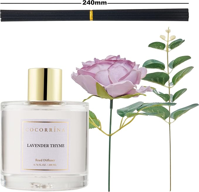 Flower Reed Diffuser - Lavender Thyme 6.7oz Scented Diffuser with Sticks Home Fragrance Essential Oil for Bathroom Shelf Decor (Artificial Flower)