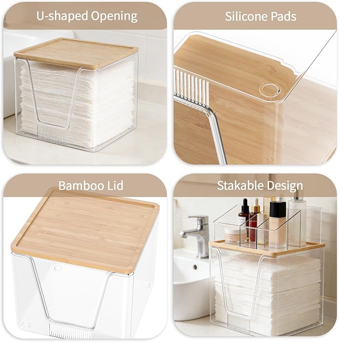 SPOSPO 2 in 1 Disposable Facial Towel Holder and Cosmetic Organizer | Clear Storage with Bamboo Lid Compatible with Clean Skin Club Towel XL, Vanity Organizer for Bathroom Vanity Counter (1 Pack)