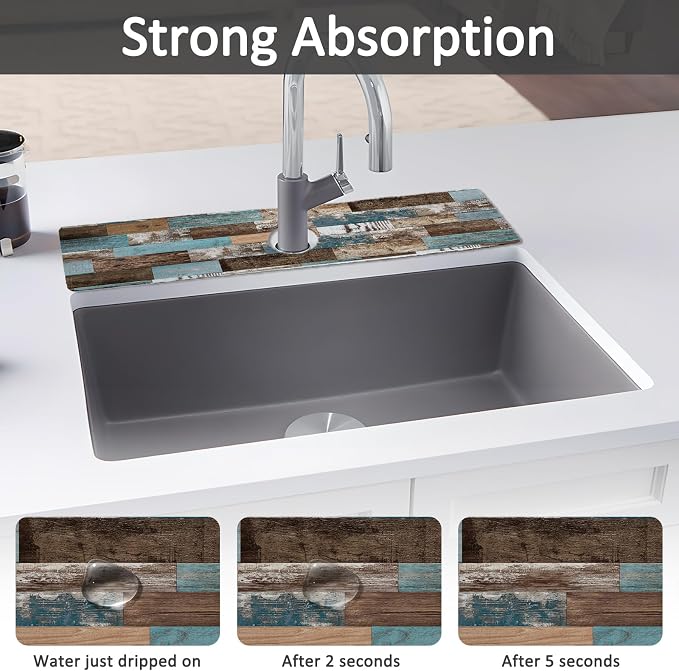 2PCS 24" X 5.5" Kitchen Sink Splash Guard Faucet Mat Wood Grain Super Absorbent Fast Drying Faucet Guard & Draining Mat Sink Splash Guard Behind Faucet for Kitchen, Bathroom
