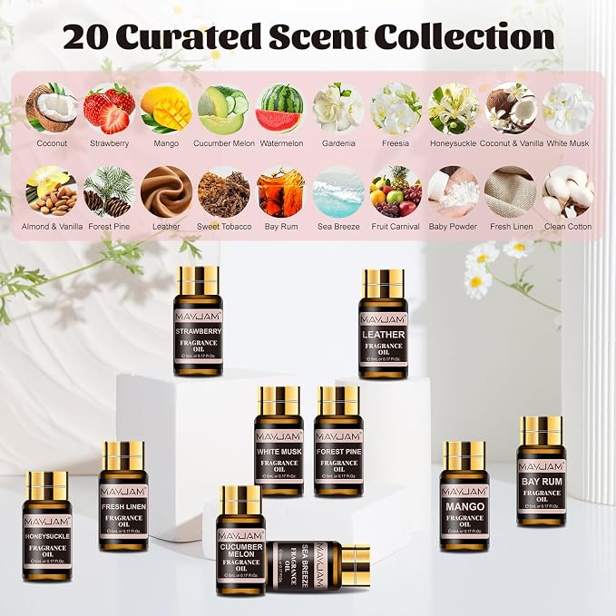 MAYJAM Essential Oils Set - Fragrance Oil for Diffuser Soap Candle Making | Long Lasting Scents Diffuser Oil for Home Office Yoga, Unique Gift Set for Families and Friends - 20x5ml