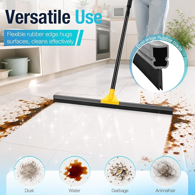 SOBONNE 30" Large Floor Squeegee Broom for Concrete Water Removal | Heavy Duty Double Rubber Water Squeegee/57" Long Handle for Tile Deck Bathromm Pool Warehouse Outdoor/Yellow