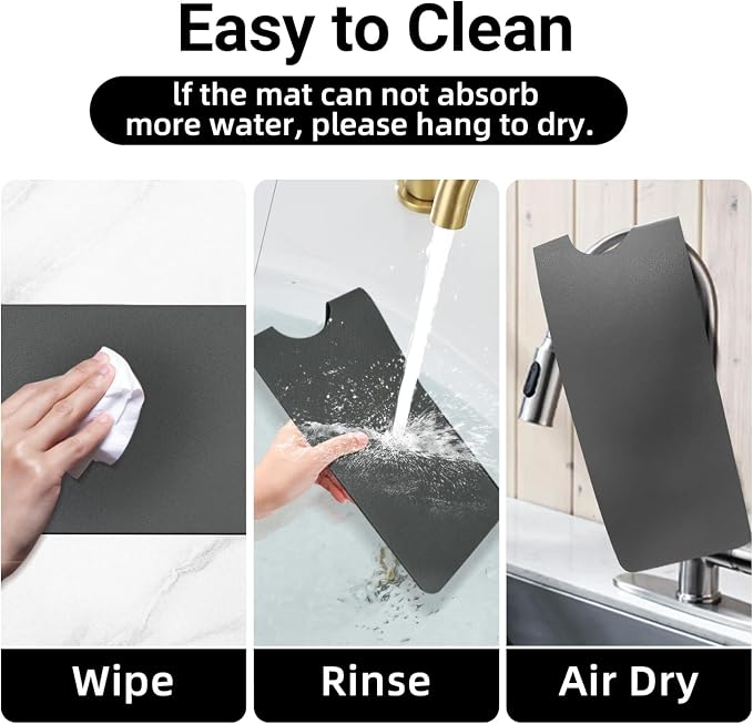 LOPNUR Faucet Mat for Kitchen Sink Cuttable, 29 Inch Extra Long Sink Splash Guard Behind Faucet, Super Absorbent Diatomite Sink Protector Mat, Bathroom Water Splash Guard Fast Dry, Easy to Cut, Grey