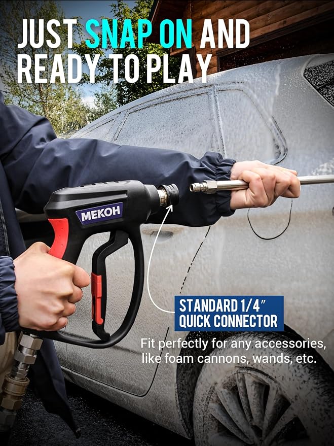 MEKOH Short Pressure Washer Gun with Swivel, 5000 PSI High Power Washer Spray Gun, 10 GPM Foam Gun with 3/8" Quick Connect, M22-14mm for Extension Wand, Hose, Pressure Washer Handle with 5 Nozzle Tips