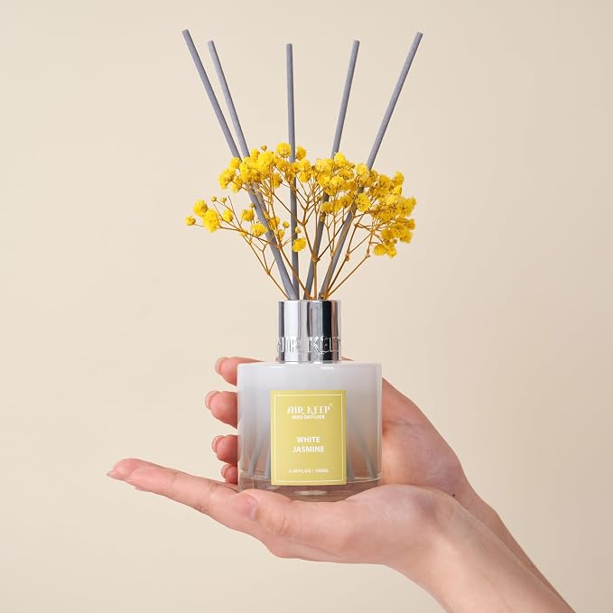 Reed Diffuser Set,3.38 fl oz (100 ml) - White Jasmine Oil Diffusers with 8 Reed Sticks, Home Fragrance Reed Diffuser for Bathroom Shelf Decor