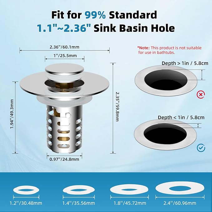 Upgraded Bathroom Sink Drain Strainer Hair Catcher 2PCS Universal 3 in 1 Pop-up Sink Stopper, Fit for Standard 1.1''~2.36'' Basin Hole, with Detachable Stainless Steel Filter Basket, Chrome