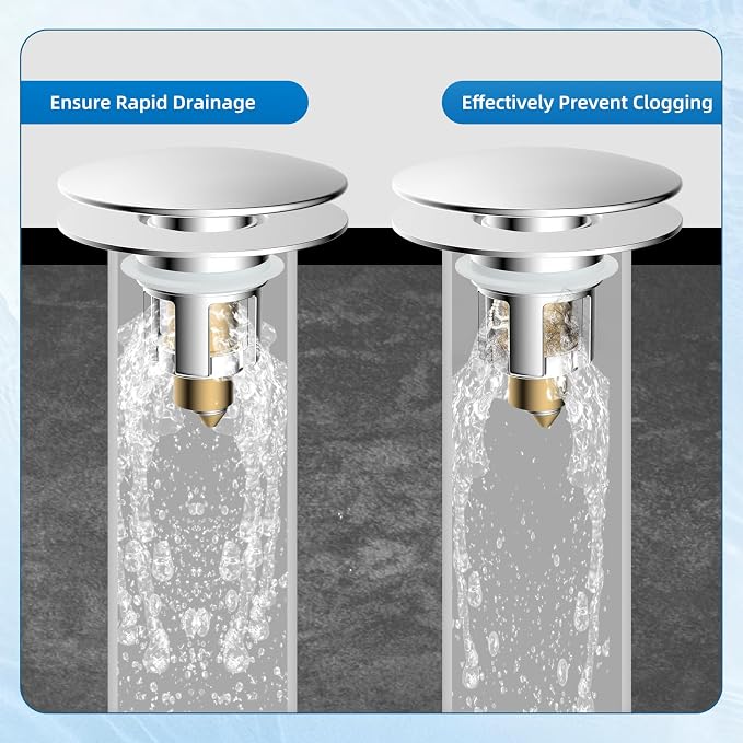 Universal Metal Bathroom Sink Stopper, Pop-Up Hair Catcher Strainer, Chrome | Large Cover Cap, Sink Drain Strainer with Detachable Double Filter, Drain Plug Fits 1.1"-2.36" US Basin, Brass Bounce Core