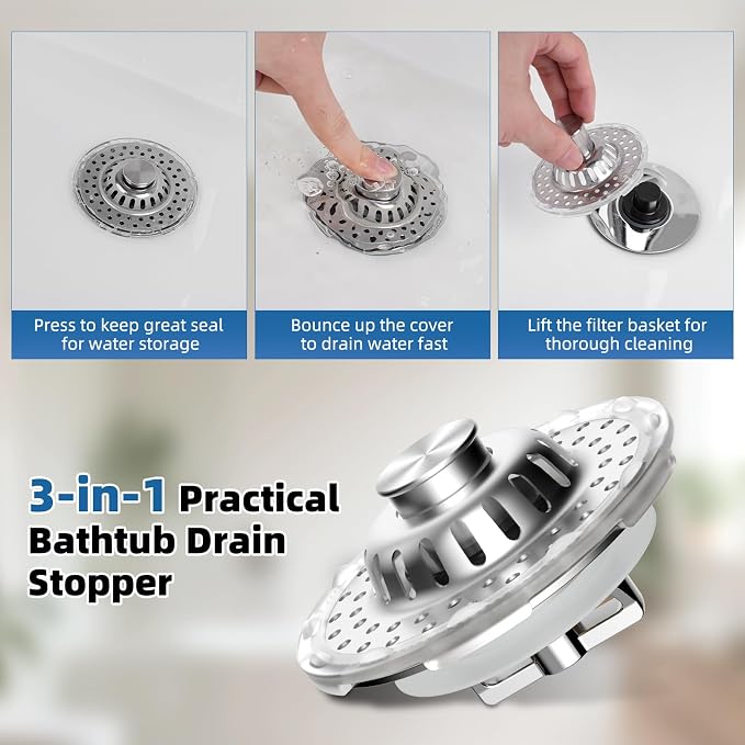 Metal 2 Pack Bathtub Drain Stopper with Top Hair Catcher, Visible Top Strainer Tub Stopper, Upgraded 3 in 1 Pop-up Drain Plug Fit for 1.5 to 2.4" Hole, Stainless Steel Filter Basket