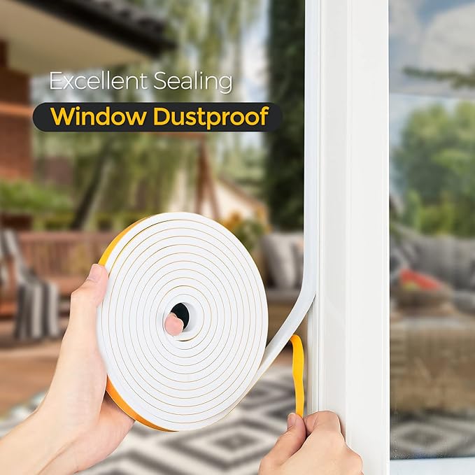 33 Feet Weather Stripping Door Seal- 1/2" Wide X 1/4" Thick Door Bottom Seal Strip High Density Foam Tape Adhesive Rubber Strip for Door Soundproofing,Window Insulation (1/2" x 1/4" x 33FT,White)