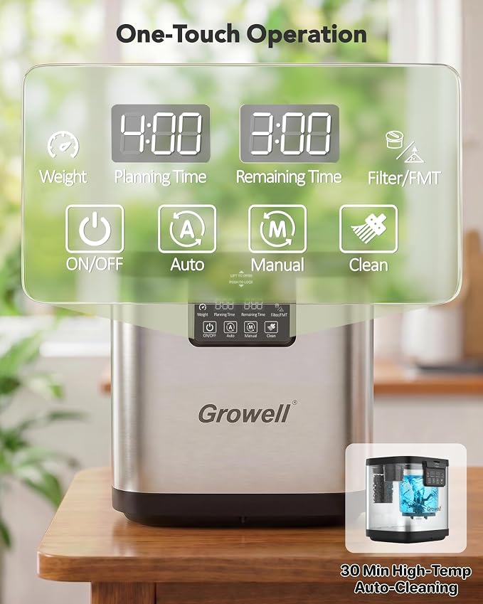 Growell 4L Electric Composter for Kitchen, Countertop, Indoor Compost Bin | Dual Carbon Filter, LED Touch Panel, Auto-Clean, Long-Life Brushless Motor, <40dB, Visible Window, Food Wast Recycler, Silver
