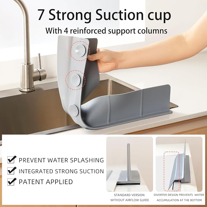 23" Ultra Silicone Sink Splash Guard Released in 2025/Dec,Self-Draining Water Splash Guard for Kitchen Sink,Bathroom and Island,with 3.5" High Splash Guard & 7 Strong Suction Cup (Grey)