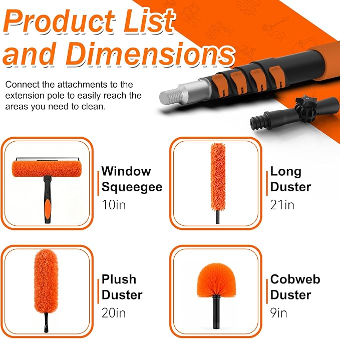 SISUPASSIE 26FT Reach High Ceiling Duster Kit, Window Cleaning kit with 5-20FT Extension Pole, Fan Duster for Ceiling Fan Blades, Microfiber Feather Duster, Rotatable Window Squeegee and Cobweb Duster