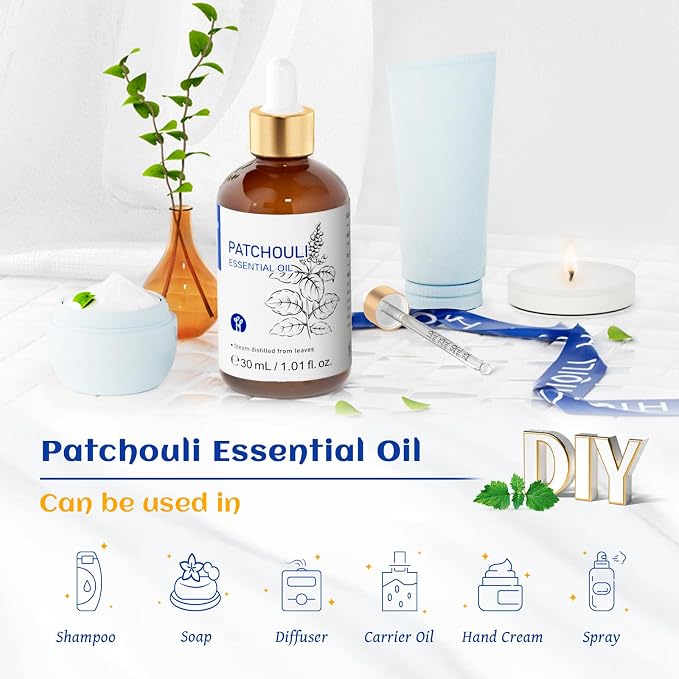 HIQILI Patchouli Essential Oil for Diffuser, Skin & Perfume | For aromatherapy use and ideal gift choice – 30mL / 1.01 fl.oz