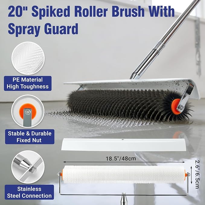 Self Leveling Concrete Tools, Spiked Roller for Self Leveling | with Adjustable 5.1ft Pole, Garage Floor Epoxy Kit with Cement Leveling Rake, Spike Shoes for Epoxy Flooring