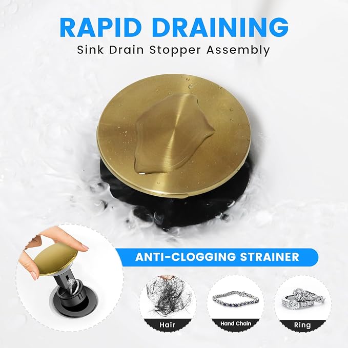 Bathroom Sink Drain with Overflow, Hurran Universal Bathroom Sink Stopper for Bathroom Vanity Vessel Sink, Plastic Pop-up Sink Drain with Hair Catcher Anti-Clog Strainer, 2 Pack, Brushed Gold | Hurran Bathroom Sink Stopper for 1.65"-1.9" Hole, Plastic ...
