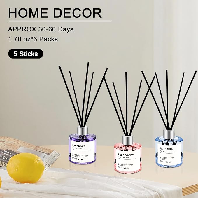 Reed Diffuser Set of 3 Pack,50ML Lavender Rose Gardenia Scented Oil Diffuser with 5 Sticks,Home Fragrance Reed Diffuser for Bedroom Bathroom Office (Lavender/Rose/Gardenia)