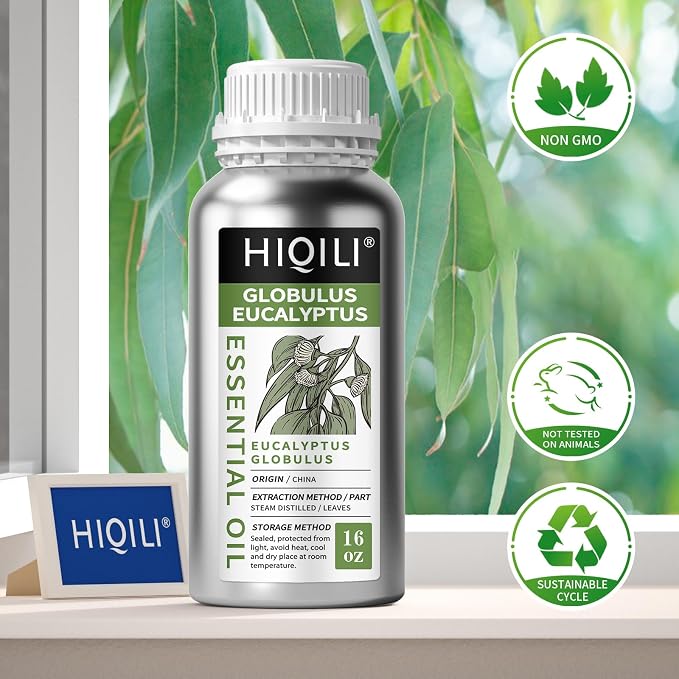 HIQILI Eucalyptus Essential Oil for Spray, Diffuser & Skin | with Two Travel Vials, Diffuse for a Crisp, Airy Atmosphere, DIY Blends and Body Massage —500ml / 16 fl oz