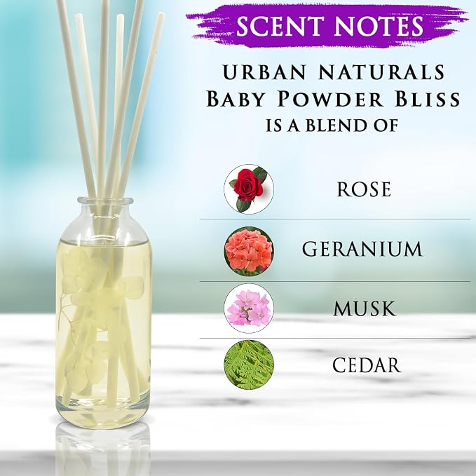 Reed Diffuser Set, Baby Powder Bliss - Bathroom Shelf Décor | Bliss, Made with Essential Oils & Real Botanicals, Powdery Floral Notes, Rose, Geranium, Musk & Cedar, Makes a Great Gift