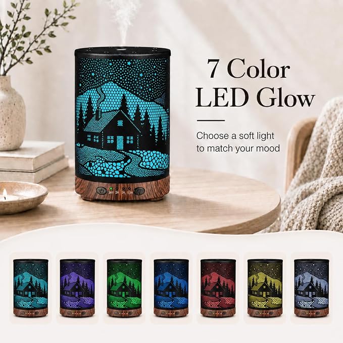 Essential Oil Diffuser, 120 ml Aromatherapy Diffuser with 7 Color Lights, Auto Shut-Off and 4 Timer Settings, Ultrasonic Cool Mist Diffuser for Home Room Office (Winter Cabin)