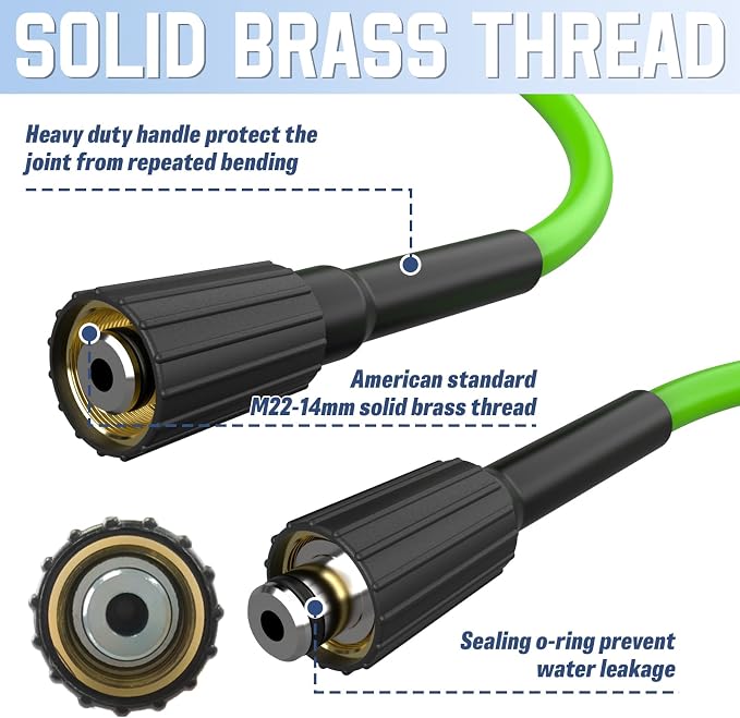 PVC Pressure Washer Hose 25 FT x 1/4", Kink Resistant Power Washer Hose, High Pressure Water Hose Extension Replacement for Home Use with M22-14mm Brass Fittings, 3300 PSI, Green