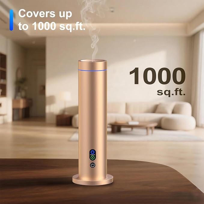 Waterless Diffuser, Essential Oil Diffuser, 1000 Sq.Ft Coverage Scent Diffuser – Plug-in Only, Adjustable Mist, Remote, Mood Lights for Home & Office, Large Room, Hotel, Gold