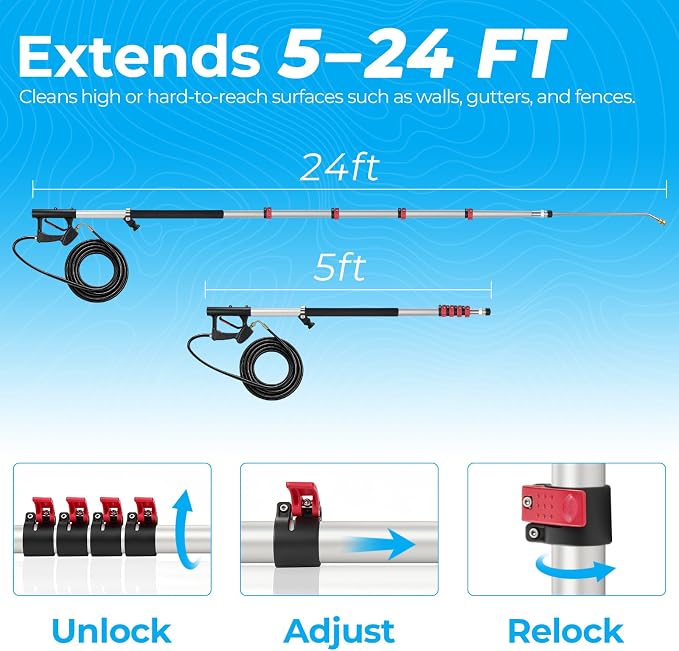 Gutter Cleaning Tools 24 FT Pressure Washer Telescoping Wand with 3 Extension Wands, Gutter Cleaner Attachment, Brush Head, 5 Spray Nozzle Tips, 3 Hose Adapters and Adjustable Support Belt