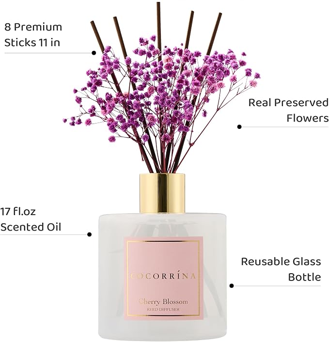 Reed Diffuser - Cherry Blossom 17 Fl.oz Reed Diffuser with 8 Sticks Scented Diffuser with Preserved Flowers for Bathroom Home Decor