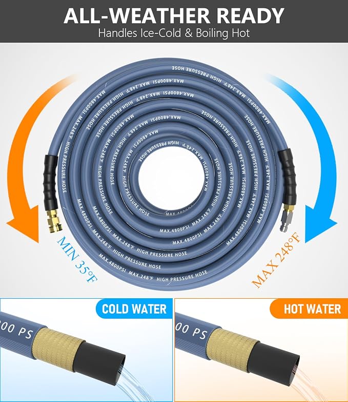 3/8" ID Pressure Washer Hose 100 ft, 4800 PSI Steel-Braided & Durable - Flexible & Kink-Resistant, Power Washer Hose with 3/8" Swivel Quick Connect, Hot/Cold Water Compatible -100 Foot, Navy