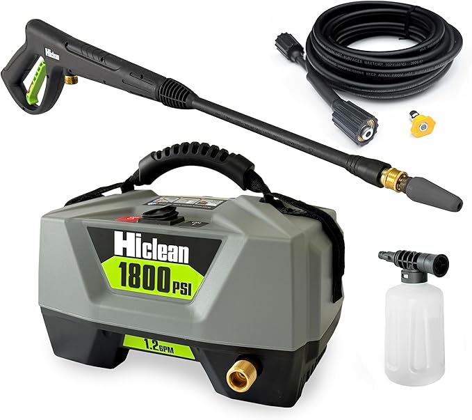 Hiclean Electric Pressure Washer 1800 PSI | Portable Power Washer, Compact Design, Foam Cannon, Turbo and Fan Nozzles, ETL Certified