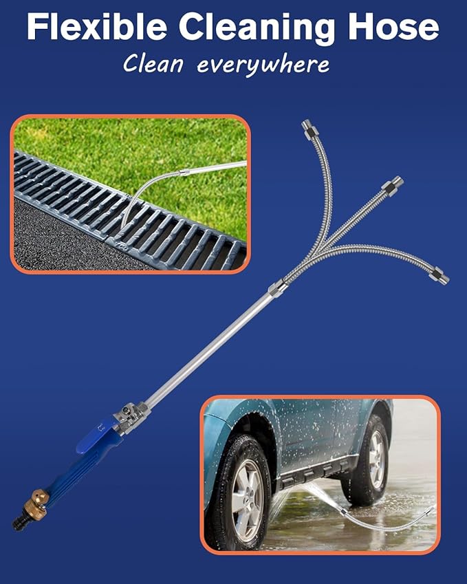 High Pressure Power Washer Wand, Upgraded Watering Sprayer Cleaning Tool | Hydro jet water hose nozzle with 2 different nozzles, quick connect flexible wand, for gutter, patio, car, pet, window