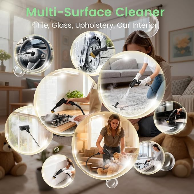 Granarbol Steam Cleaner, 2500W 1.6L Handheld Steamer for Home Car Cleaning | 10s Heat-up, 19pcs Accessories, 3 Levels, Chemical-free Cleaning for Kitchen, Floor, Bathroom, Car Interior, Black & Green